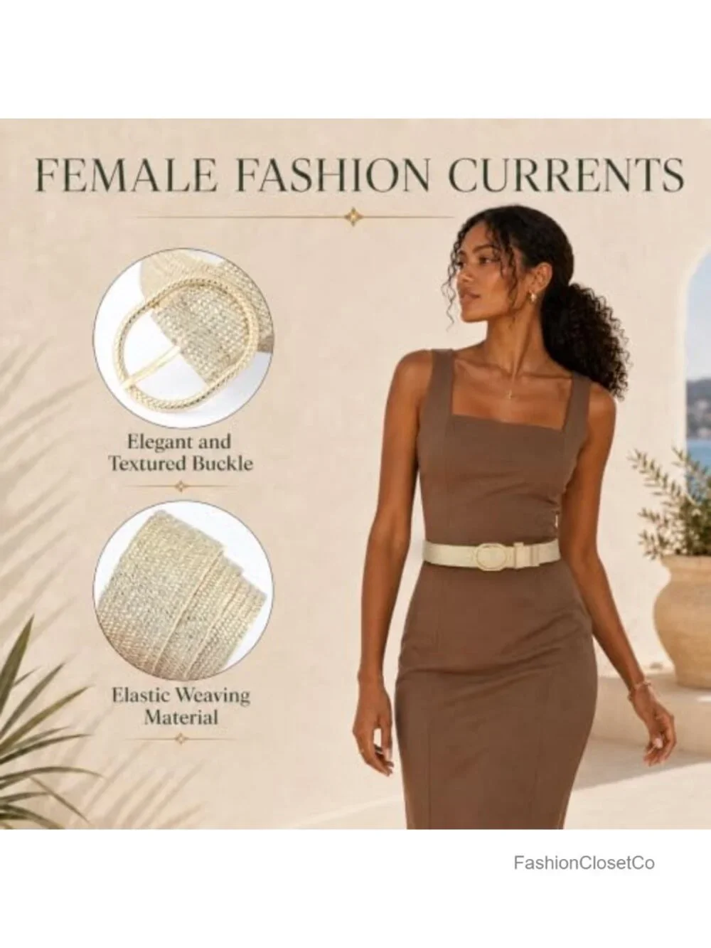 Woven Elastic Waist Belt for Women, Boho Stretch Belt with Gold Buckle